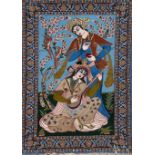 Isfahan-Bildteppich, Korkwolle auf Seide, 750 000 Kn/qm., Darstellung von 2 Damen vor Blütenbaum au