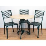 Gartentisch mit 3 Stühlen, runder Tisch mit Marmorplatte, Stühle Aluminium, grün gefasst, Sitze in 