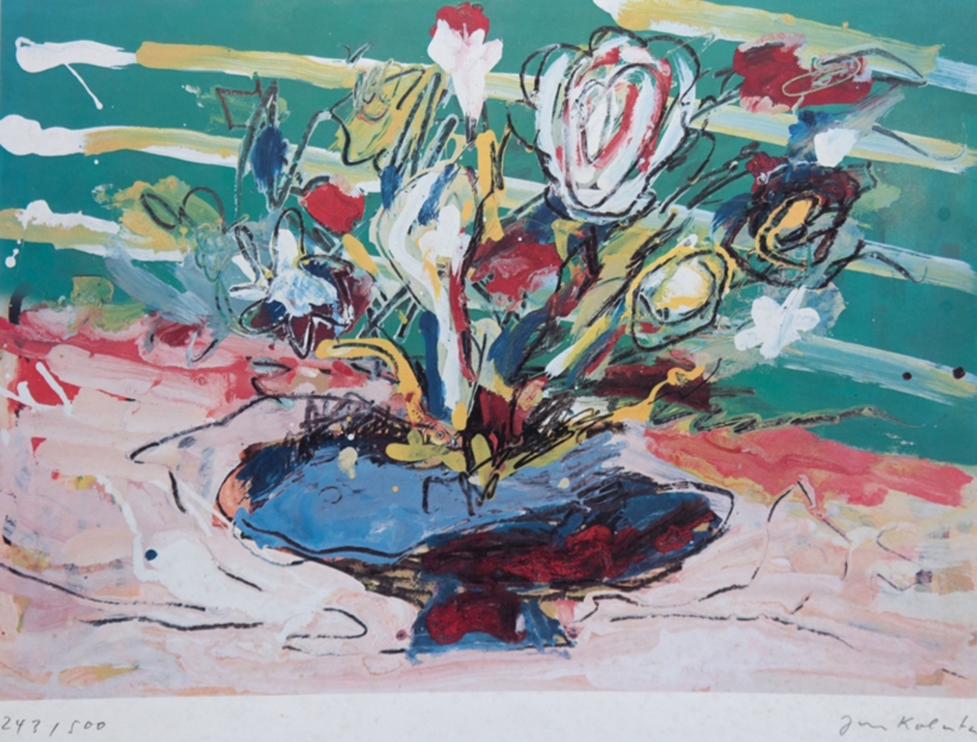 "Blumenstrauß in Vase", Grafik, 243/ 500, undeutl. sign. u.r., Blatt an den Rändern stockfleckig, 2