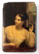 Kästchen, wohl Stobwasser, Holz schwarz gefaßt, Deckel mit gemaltem Porträt einer Dame vor dem Fens