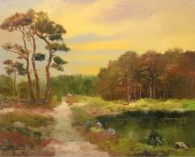 "Waldlandschaft in der Abendsonne", Öl/ Lw., undeutl. sign. u.l., 60x71 cm, ungerahmt