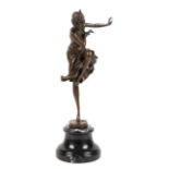 Bronze-Figur "Art-Deco-Tänzerin auf einem Bein stehend", Nachguß, braun patiniert, bezeichnet "D.H.