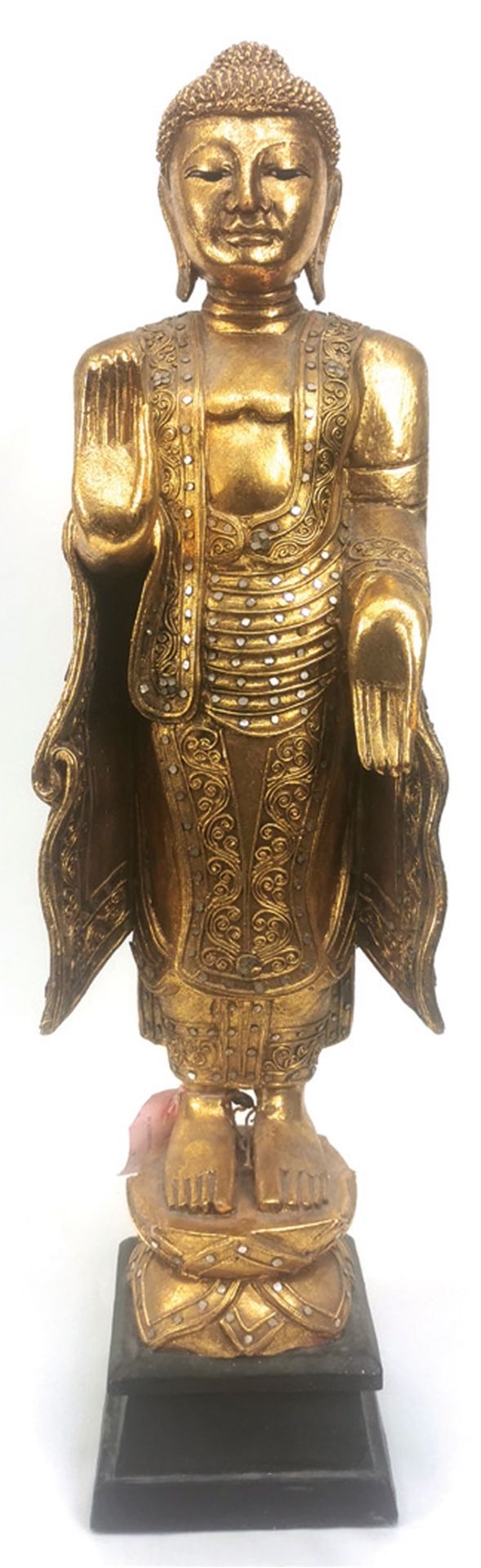 Figur "Buddha auf Lotusthron stehend", 20. Jh., Holz, goldfarben gefasst , mit Spiegelplättchen bes