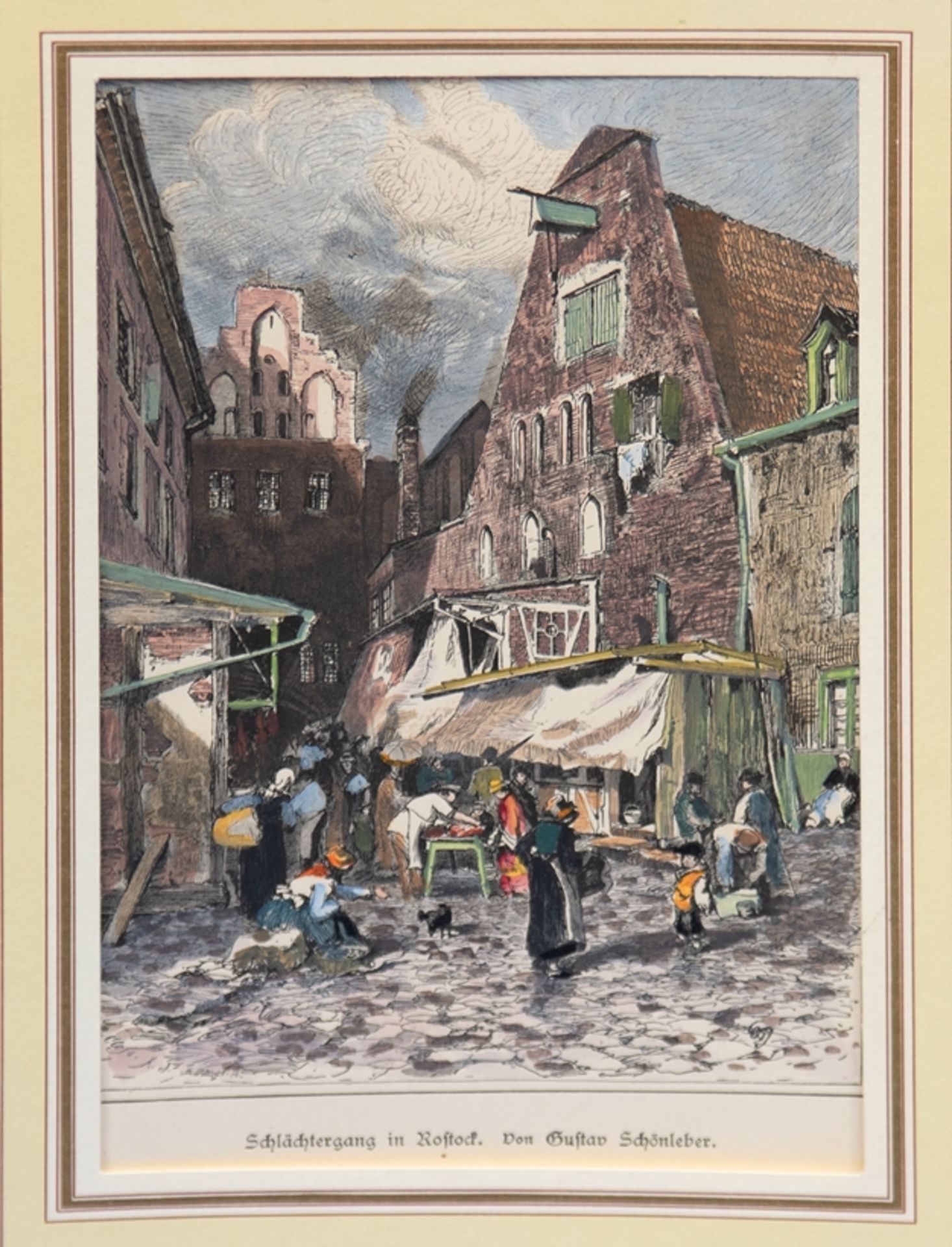 Schönleber, Gustav (1851 Bietigheim-1917 Karlsruhe) "Schlächtergang in Rostock", kolorierter Holzst