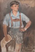 Schubert, Otto (1892 Dresden- 1970 Dresden) "Junge in Lederhosen", Öl/ Lw., unsign., 116x75 cm, ung