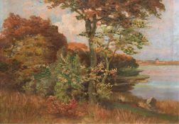 "Herbstlandschaft mit See", Öl/ Lw., unsign., 41x50 cm, Rahmen