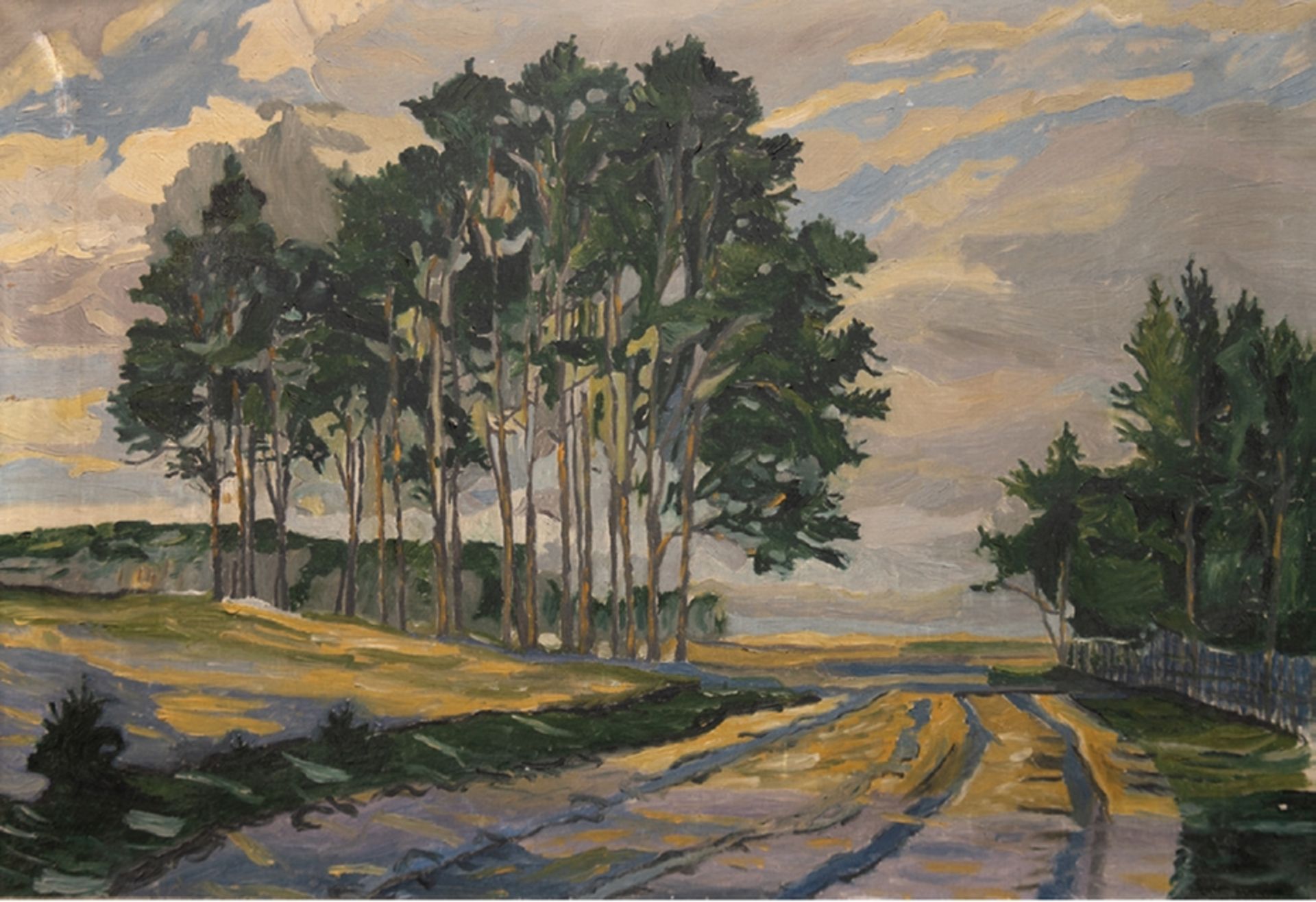 Maler um 1920 "Waldweg", Öl/ Lw., unsign., Farbverluste, Lw. besch. o.l., 70x100 cm, Rahmen