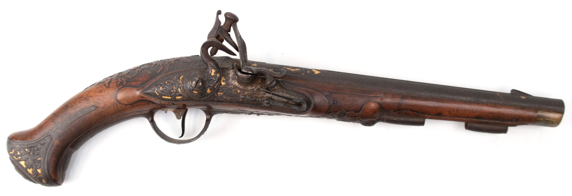 Steinschloßpistole, 18. Jh., nicht funktionstüchtig, Schloß defekt, starke Gebrauchspuren, L. 43 cm - Image 2 of 2