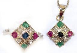 Ring und Kette mit Anhänger, 925er Silber, Brillanten zus. ca. 0,15 ct. Saphire, Rubine und Smaragd