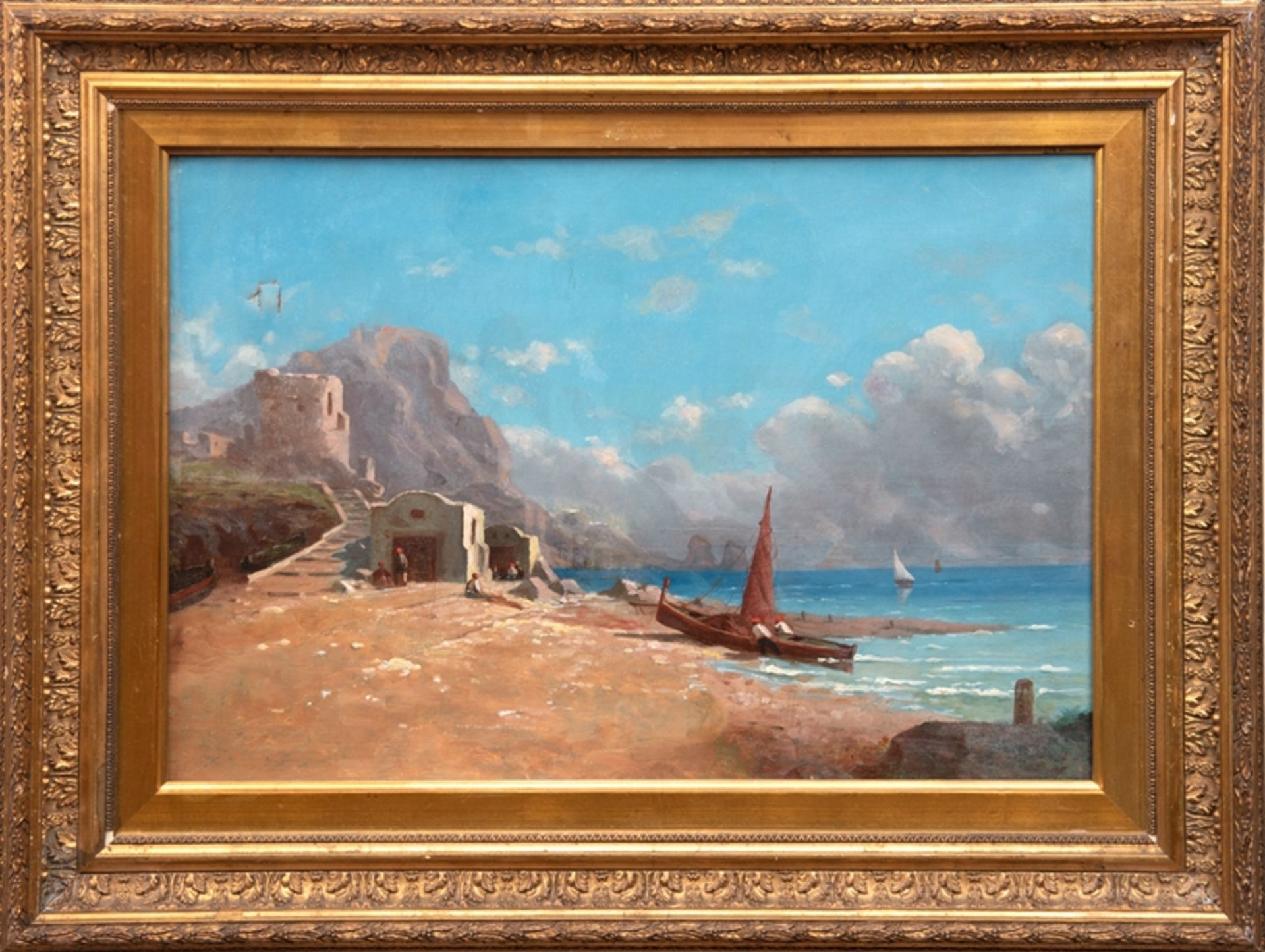 Maler 19. Jh. "Südländische Küstenlandschaft", Frankreich, Öl/ Lw., unsign., 3 kl. Hinterlegungen u - Bild 2 aus 2