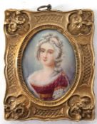 Miniatur "Damenporträt", um 1800, Gouache auf Bein, unleserlich signiert, oval, hinter gewölbtem Gl