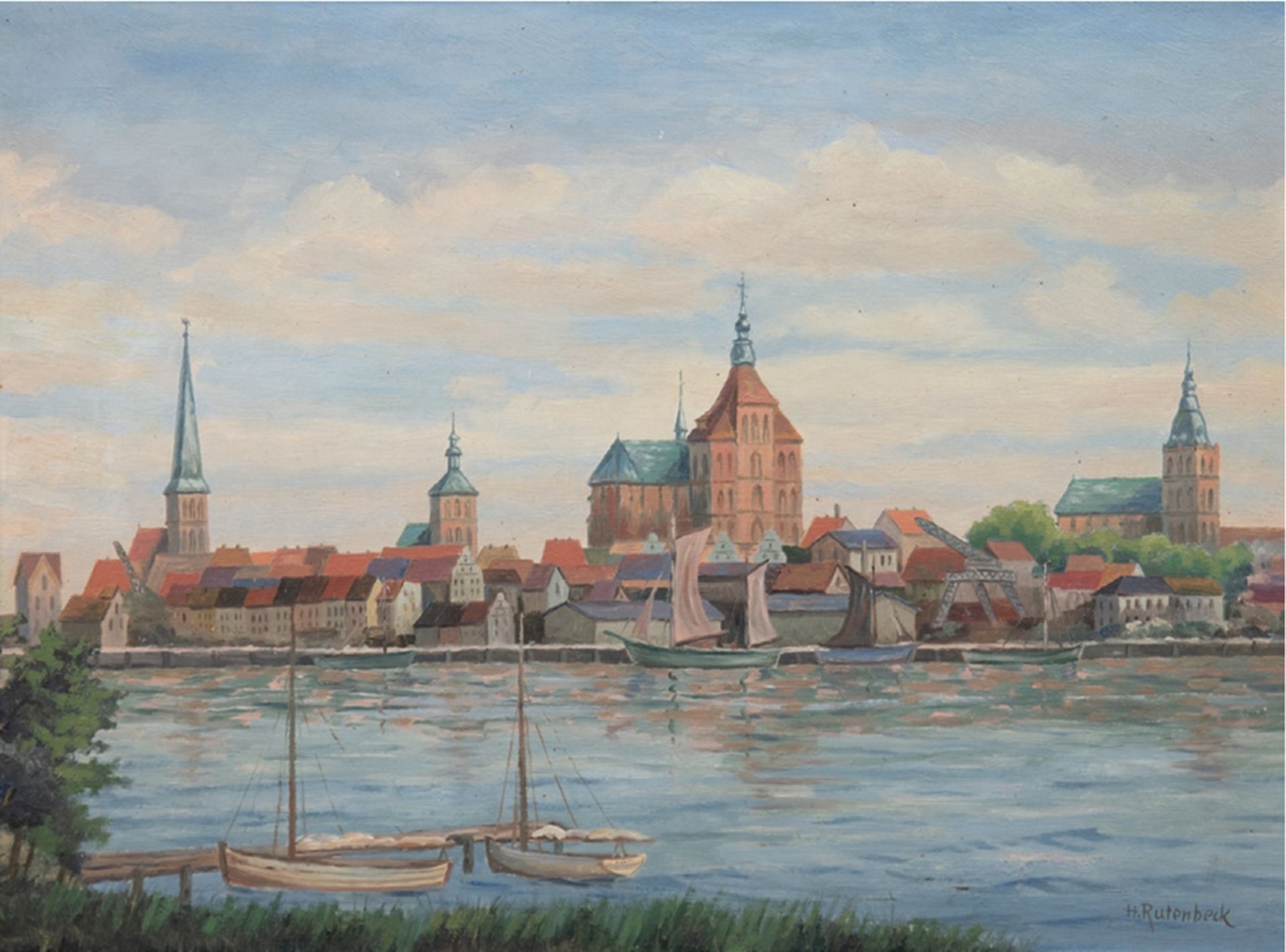 Rutenbeck, Harry (1938 Schwaan- ?) "Rostock-Ansicht vom Gehlsdorfer Ufer aus gesehen", Öl/ Hartfase