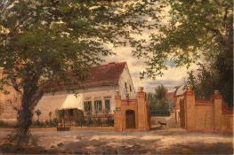Thieme, Friederich (19. Jh.) "Blick in eine sommerliche Brandenburger Hofeinfahrt", um 1880, Öl/Mp.