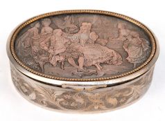 Schmuckdose, oval, Frankreich um 1880, Kupfer versilbert (z.T. berieben), Deckel mit Darstellung ei