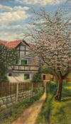 Mensch, M. "Obstbaumblüte", Öl/ Lw., sign. u.r., 36x21,5 cm, Rahmen