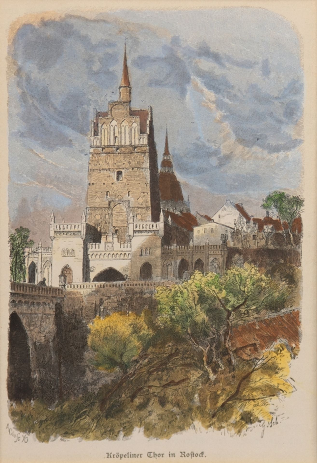 "Kröpeliner Tor in Rostock", kolorierter Stich um 1880, 19x11,5 cm, im Passepartout, ungerahmt