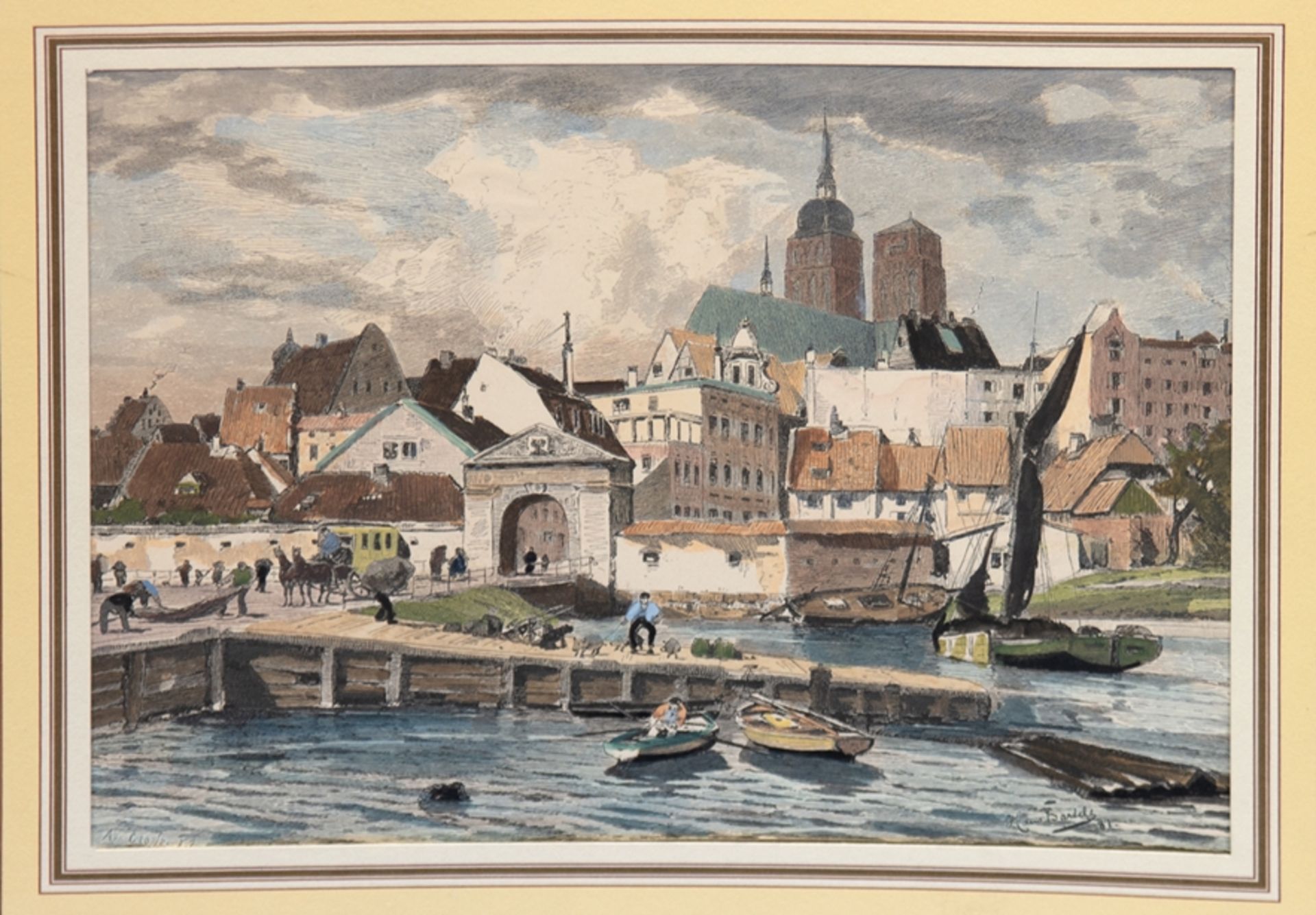 Bartels, Hans (1856 Hamburg-1913 München) "Partie von Stralsund", Kolorierter Stich, in der Platte 