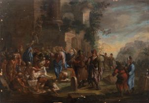 Maler 17./18. Jh "Biblische Szene-Auferstehung des Lazarus", Öl/ Holz, kl. Farbabplatzungen, unsign