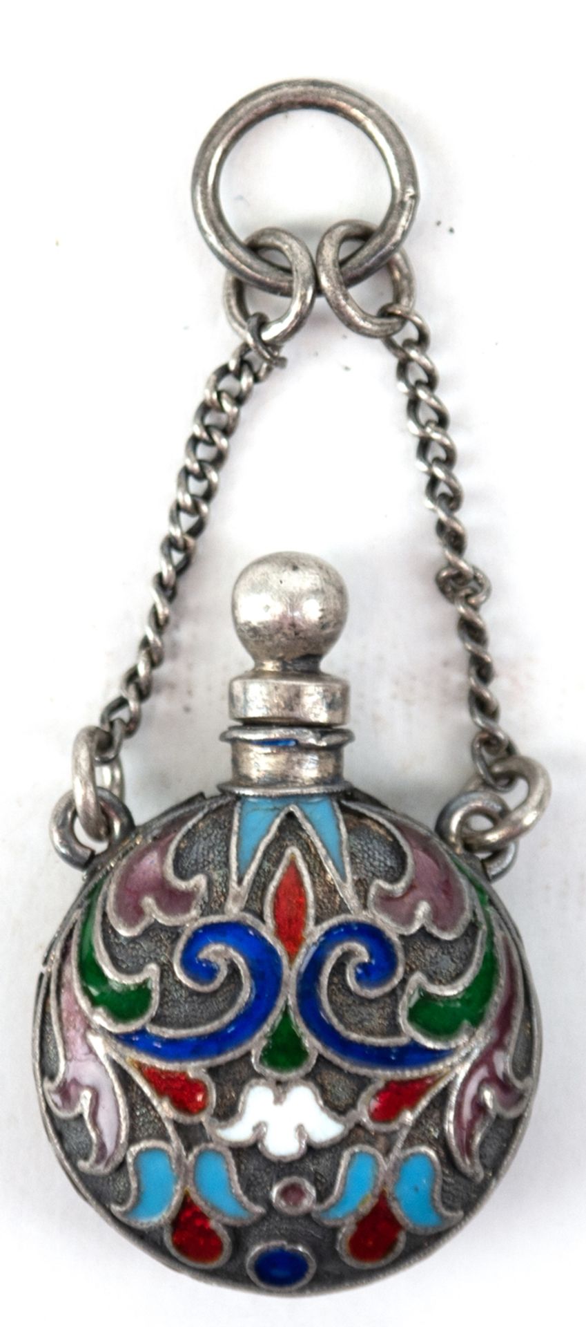 Parfüm-Flakon, Rußland um 1900, Silber (geprüft), Zuckerschaufel, polychrom ornamental emailliert, 