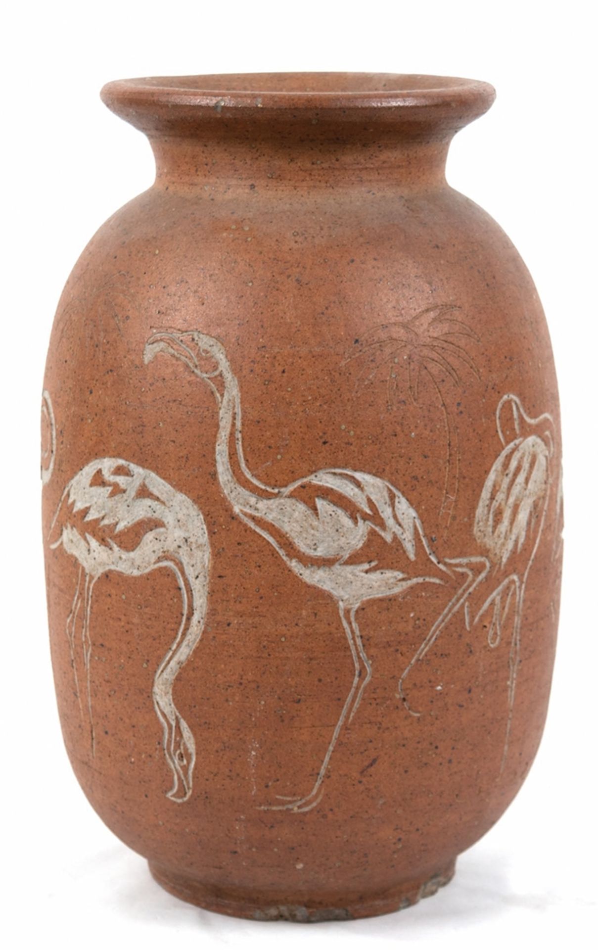 Bodenvase, braunes Steinzeig mit umlaufend reliefierter Darstellung von Flamingos in Grau, H.45 cm