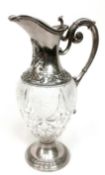 Karaffe, Kristall mit 800er Silber-Montierung, Karoly Bachruch um 1920, Kristallkorpus reich geschl