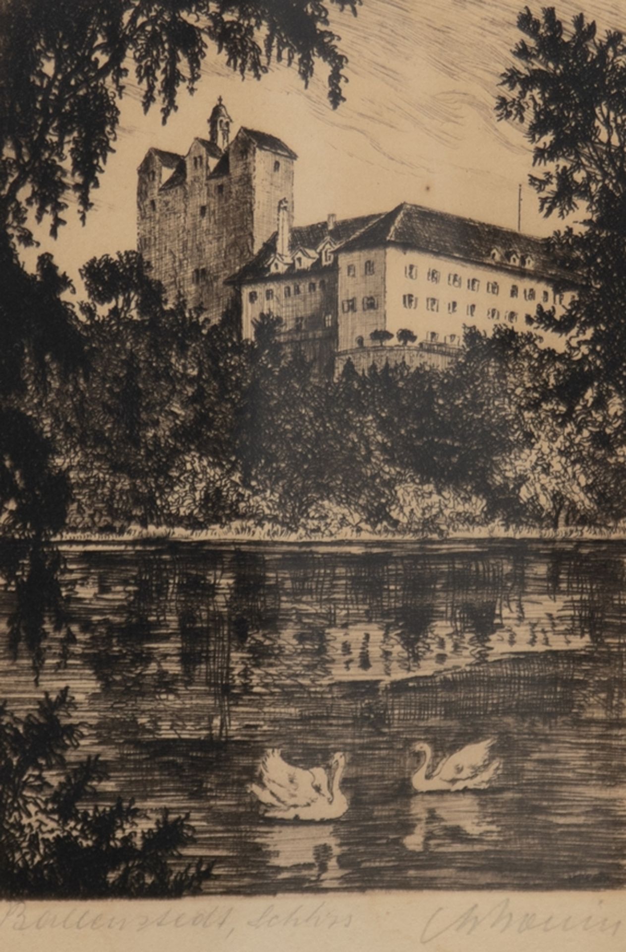 "Schloss Ballenstedt", Radierung, unleserlich signiert, 14,5x10 cm, hinter Glas und Rahmen