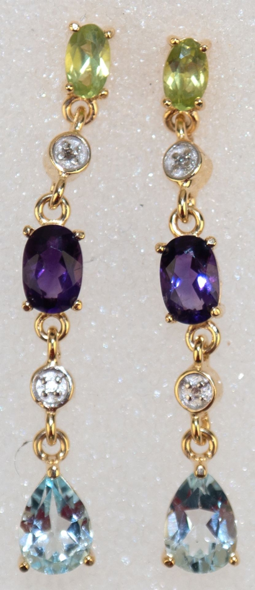 Lange Ohrringe, 925er Silber, vergoldet, Peridot, kl. Diamant, Amethyst und Blautopas, Länge ca. 3,