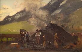 Wopfner, Joseph Prof. (1843 Schwaz in Tirol-1927 München) " Beim Köhler", Öl/ Lw./ Karton, rückseit