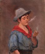 "Junge mit Zigarette", Öl/ Lw., unsign., 32x26 cm, Rahmen