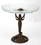 Jugendstil-Anbietschale, figürlicher Stand, Bronze, Glasschale mit Steinzeichen, H. 27 cm, Dm. 28 c