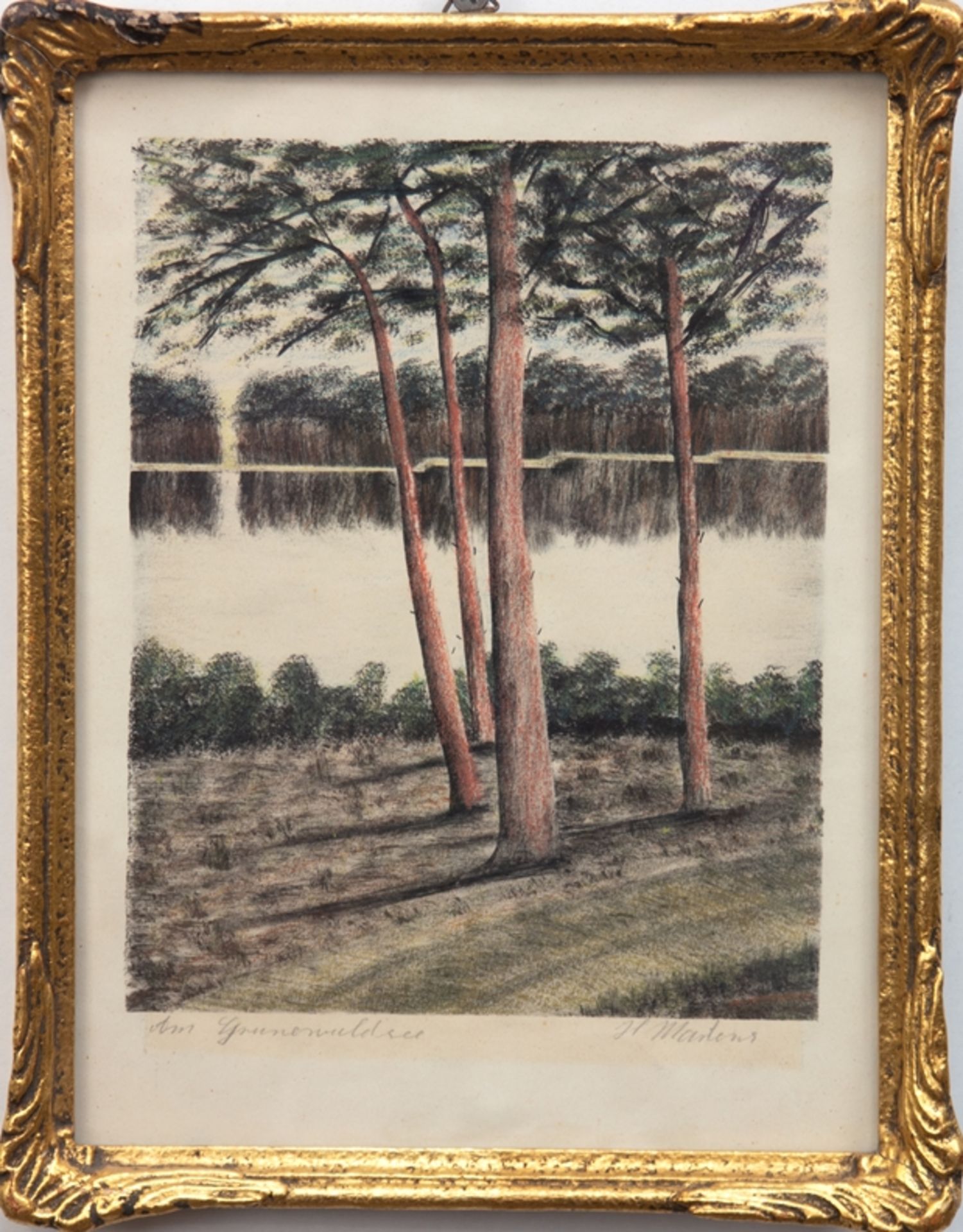 Martens, H. "Am Grunewaldsee", kolorierte Radierung, 18,5x15 cm, hinter Glas und Rahmen