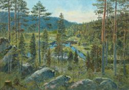 "Sommerliche Waldlandschaft mit See", Öl/ Lw., unsign., 67x91 cm, Rahmen