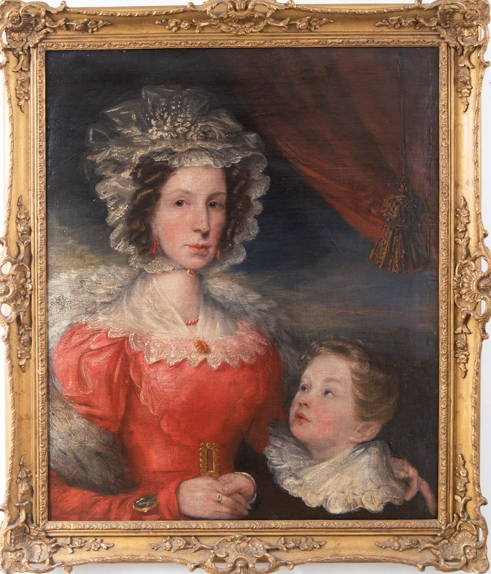 Maler Ende 18. Jh./ Anf. 19. Jh. "Dame mit Spitzenhaube mit ihrem Kind", Öl/ Lw., unsign., 77x64,5 