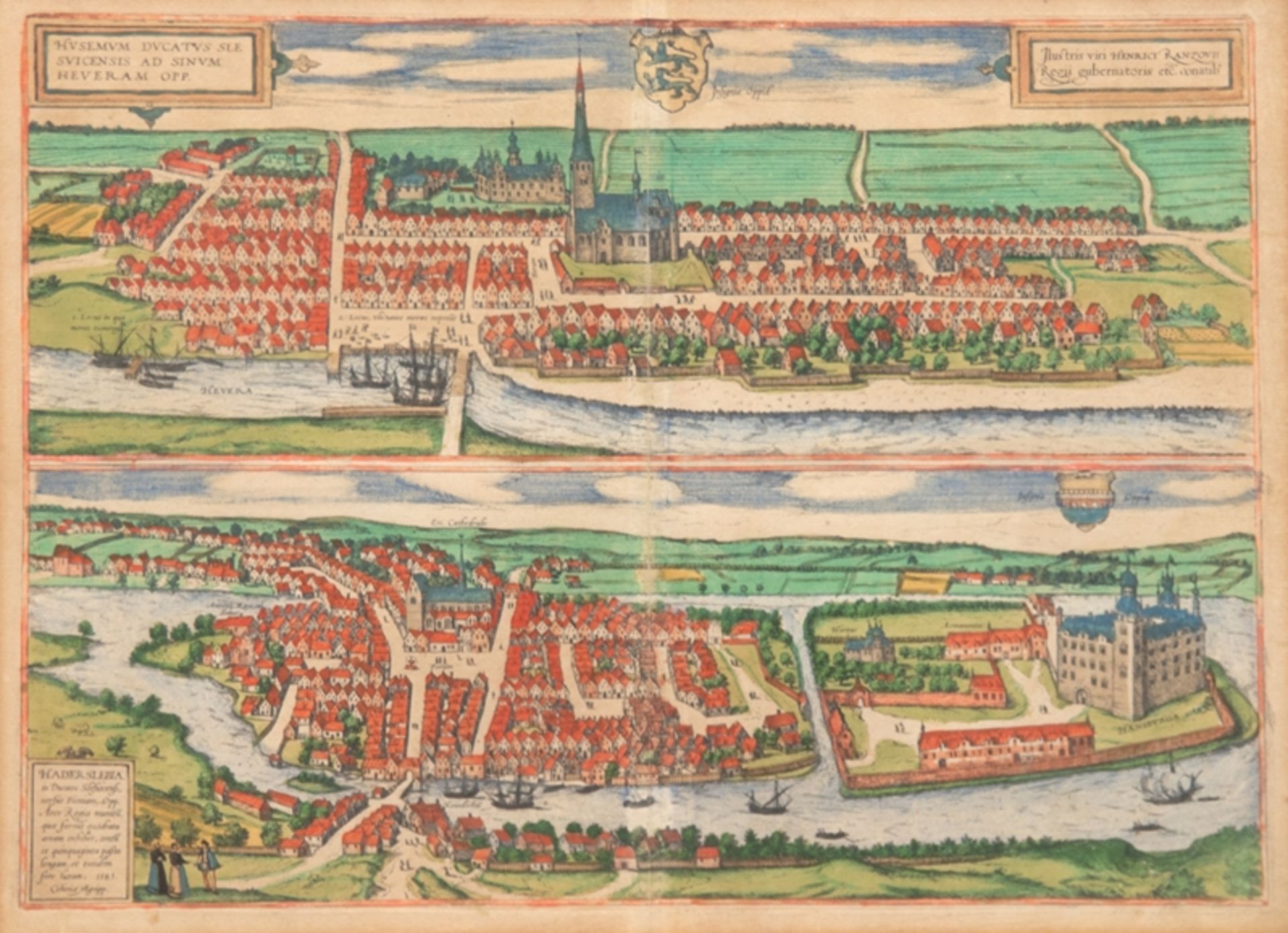 Karte "Husum und Hadersleben", altkolorierter Kupferstich, 1585, min. Farbverluste, 37,5x47,5 cm, i