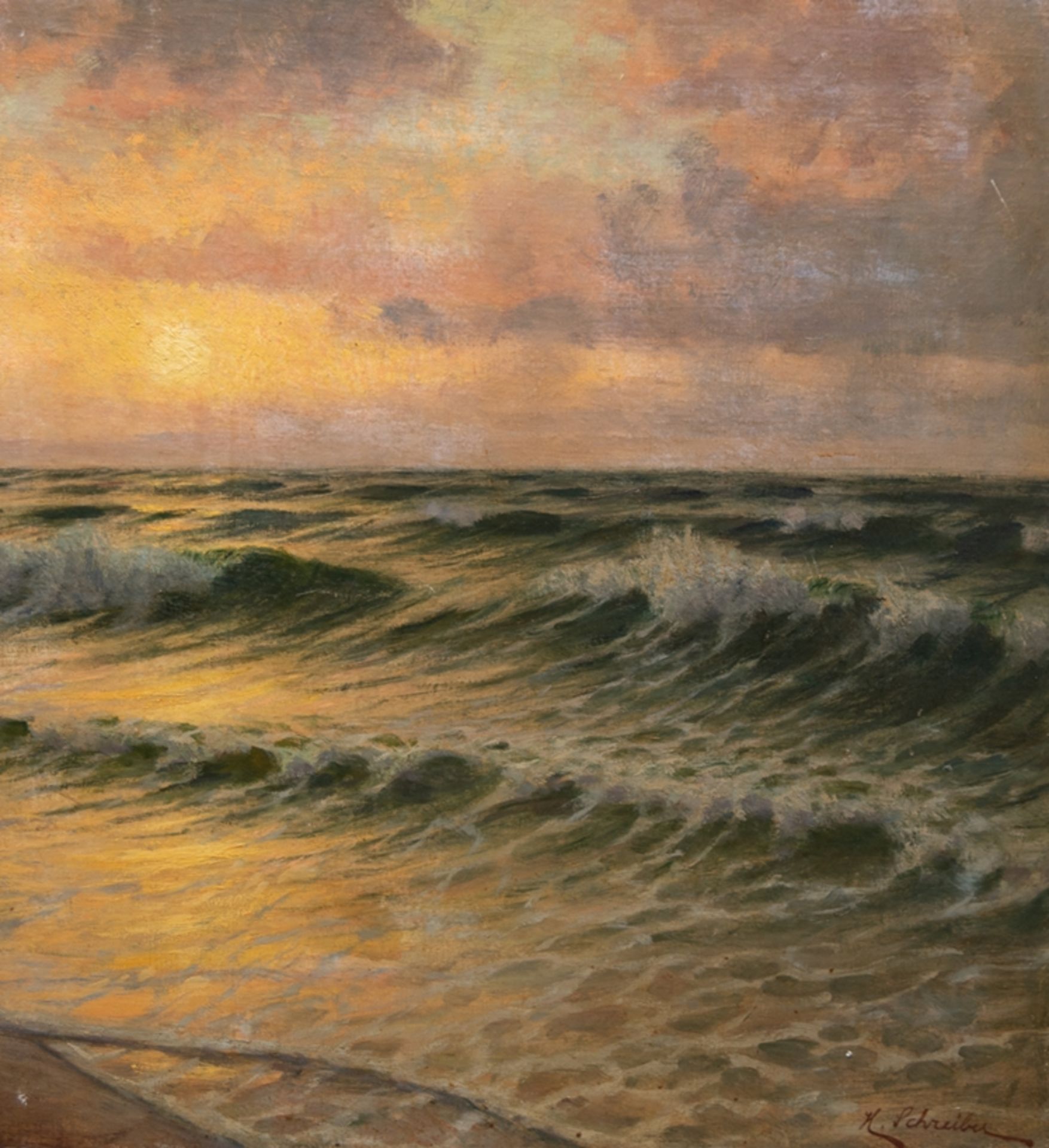 Schreiber, H. "Sonnenuntergang am Meer", Öl/ Lw./ Platte, sign. u.r., 79x70 cm, ungerahmt