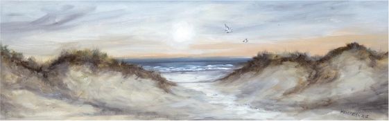 Andresen, H. "Durch die Dünen ans Wasser", Öl/Lw., sign. u. dat. 2015 u.r., 30x90 cm, Rahmen