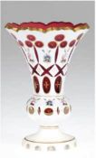 Vase, Böhmen 19. Jh., weißer Überfang und roter Innenüberfang, polychrome Blumenbemalung, Goldrand,