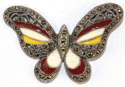Anhänger "Schmetterling“, 925er Silber, 10,3 g, farbig emailliert, Markasiten, Öse am rechten Flüge