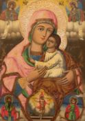 Ikone "Maria mit Jesuskind", am Rand Darstellung von 5 Heiligen, 19. Jh., Eitempera auf Holz, einig