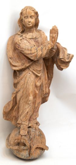 Figur "Maria Immaculata auf Weltkugel mit Schlange", um 1750, Reste alter Fassung, vollplastisch ge