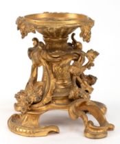 Bronze-Leuchter/Fuß, 19. Jh., auf 4 Rocaillefüßen mit plastischem Obstdekor, H. 15 cm