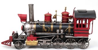 Fahrzeugmodell "Dampflokomotive", Metall, farbig und goldfarben gefasst, Gebrauchspuren, L. 40 cm, 