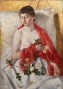 Sadée, Philip Lodewijk (1837 Den Haag-1904 ebenda) "Porträt einer Frau mit gelben Rosen", Öl/ Lw., 