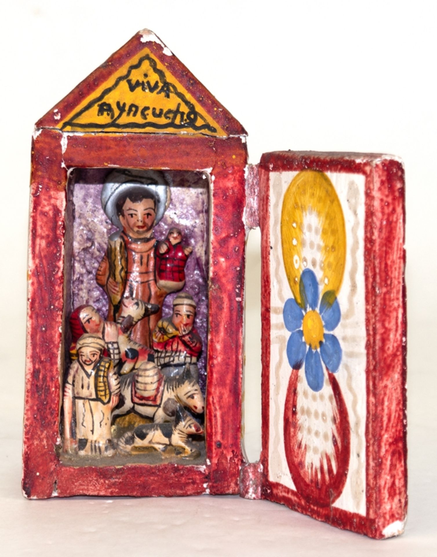 Antiker Altarschrein, Peru Anfang 20. Jh., Holz, farbig gefaßt, florale Bemalung, 1-türig, vielfigu - Bild 2 aus 2