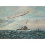 Herbst, P. (um 1900) "Zeppelin über Kriegsschiff", Öl/ Lw., sign. u.r. und dat. "1.4.35", Lw. mitti