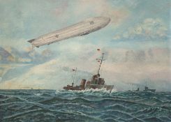Herbst, P. (um 1900) "Zeppelin über Kriegsschiff", Öl/ Lw., sign. u.r. und dat. "1.4.35", Lw. mitti
