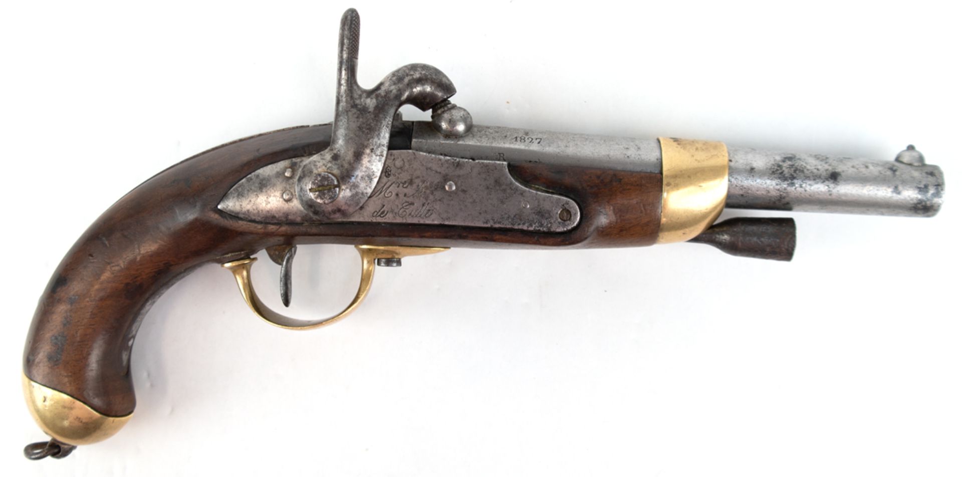 Französische Reiterpistole, um 1820, Perkussionspistole, Messinggarnitur mit Ring, nicht beschussfä