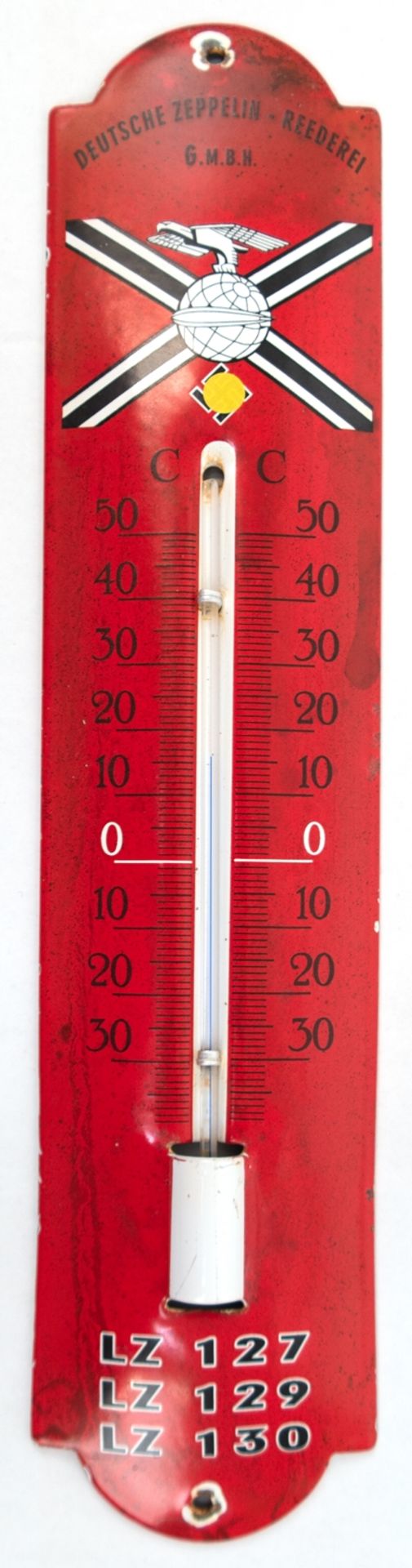 Wandthermometer "Deutsche Zeppelin-Reederei G.M.B.H.", emailliert, mit kleinen Fehlstellen, funktio