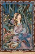 Bild-Teppich, Isfahan, signiert, Darstellung einer Frau und Blumen, brauner Rand, Kanten mit Florfe