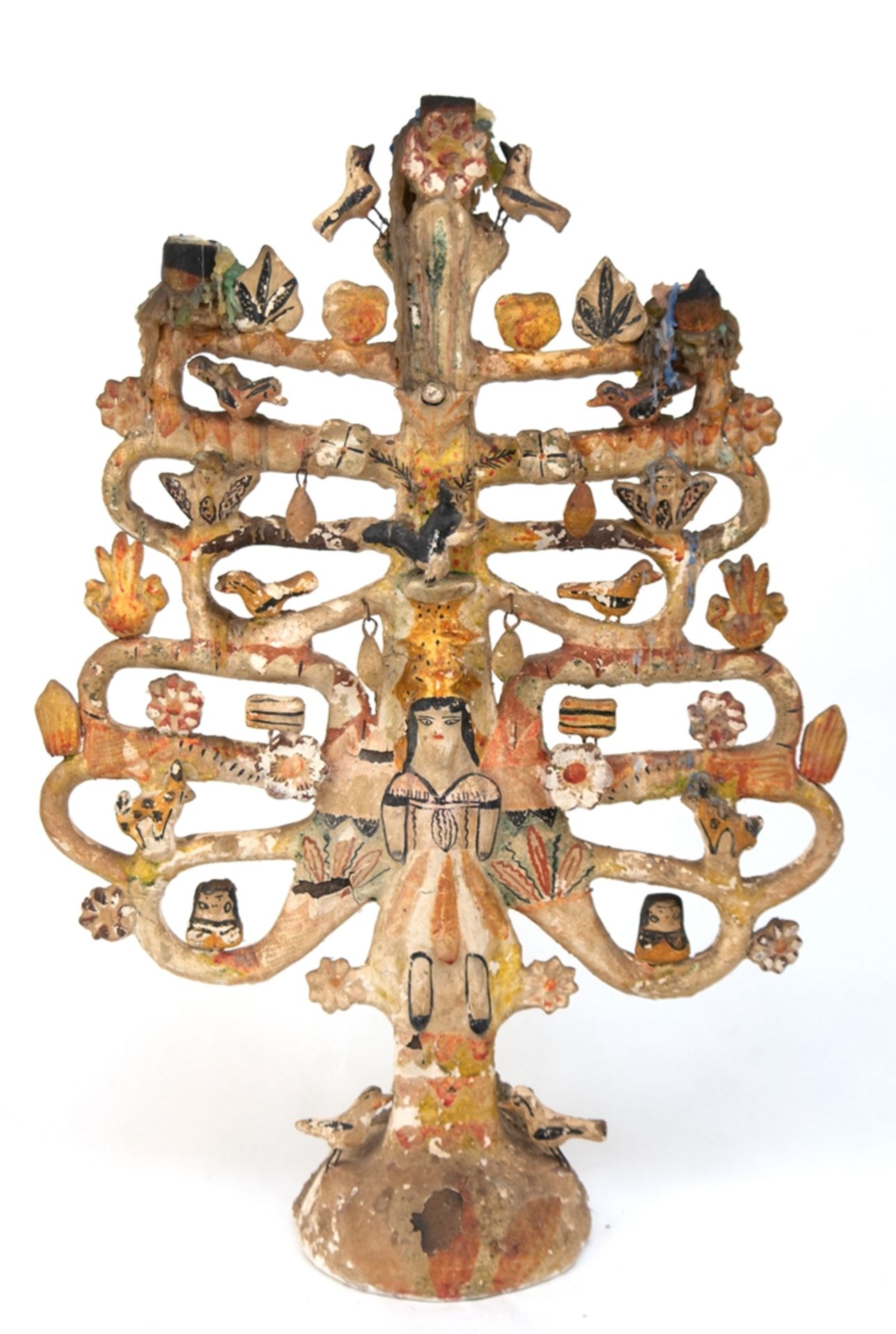 Mexikanischer Lebensbaum, Anfang 20. Jh., Aurelio Flores Keramik, handbemalt, 3-flammig, plastische